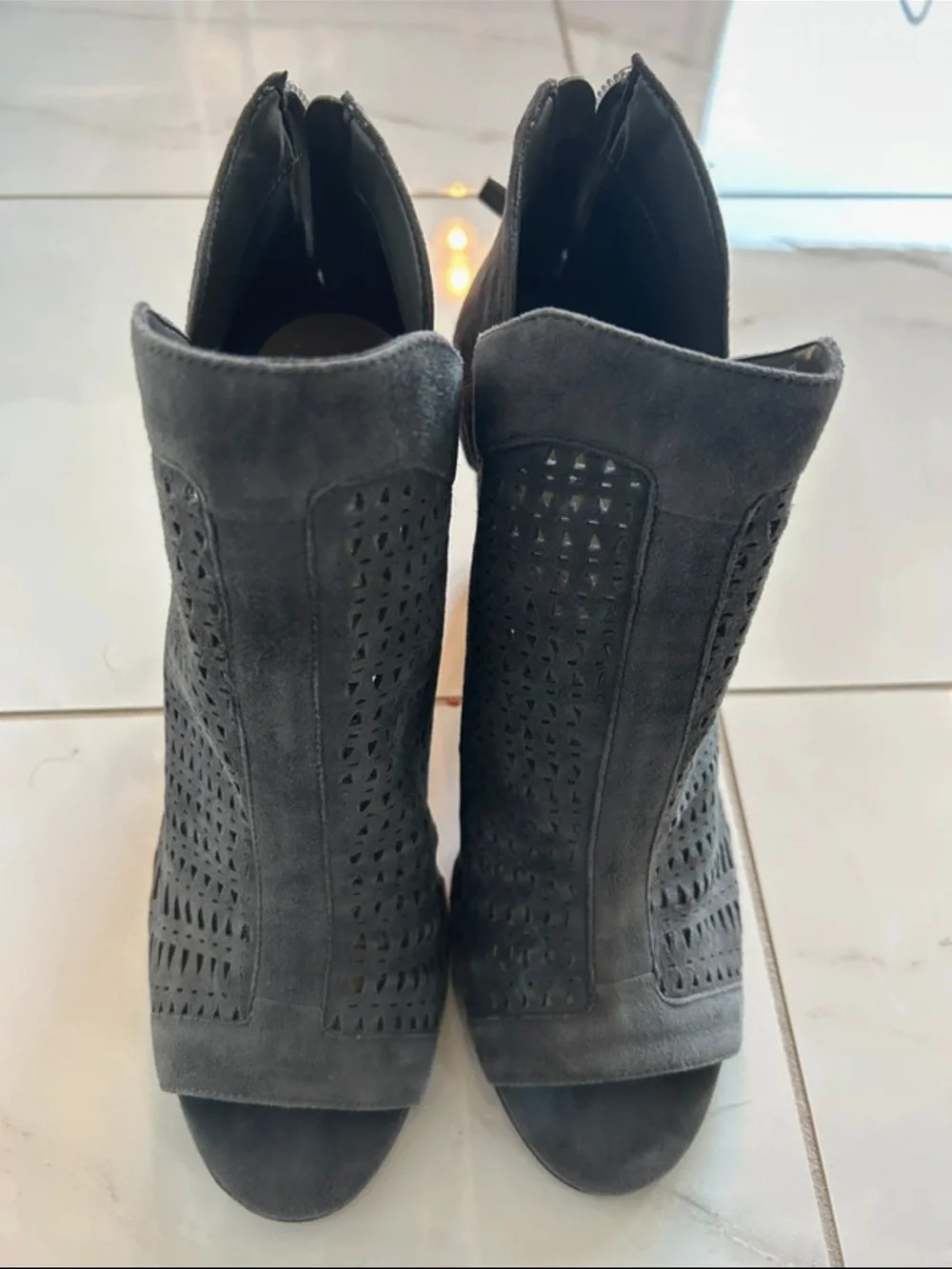 Women's Gray Suede Peep-Toe Cutout Ankle Boots Vince Camuto